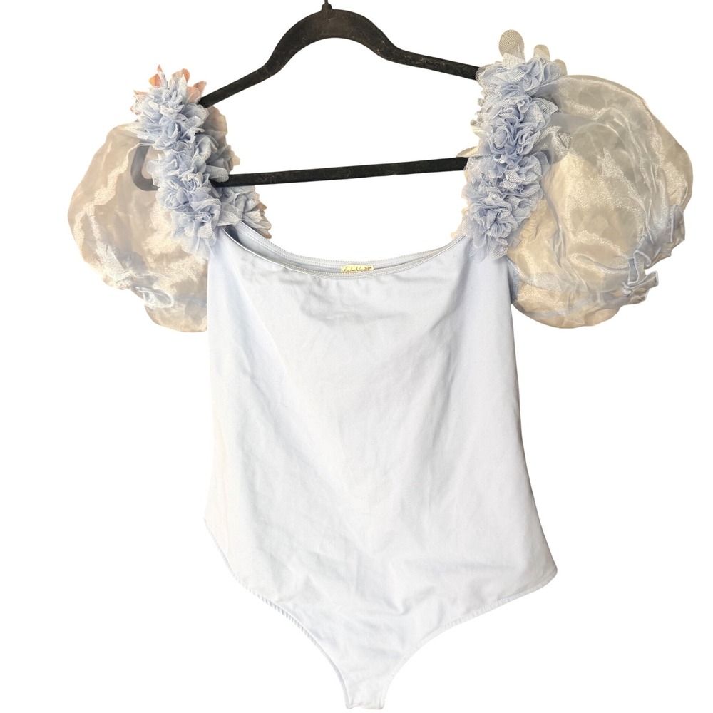 Intimately Free People Ruffle Puff Sleeve Bodysuit Blue Size L